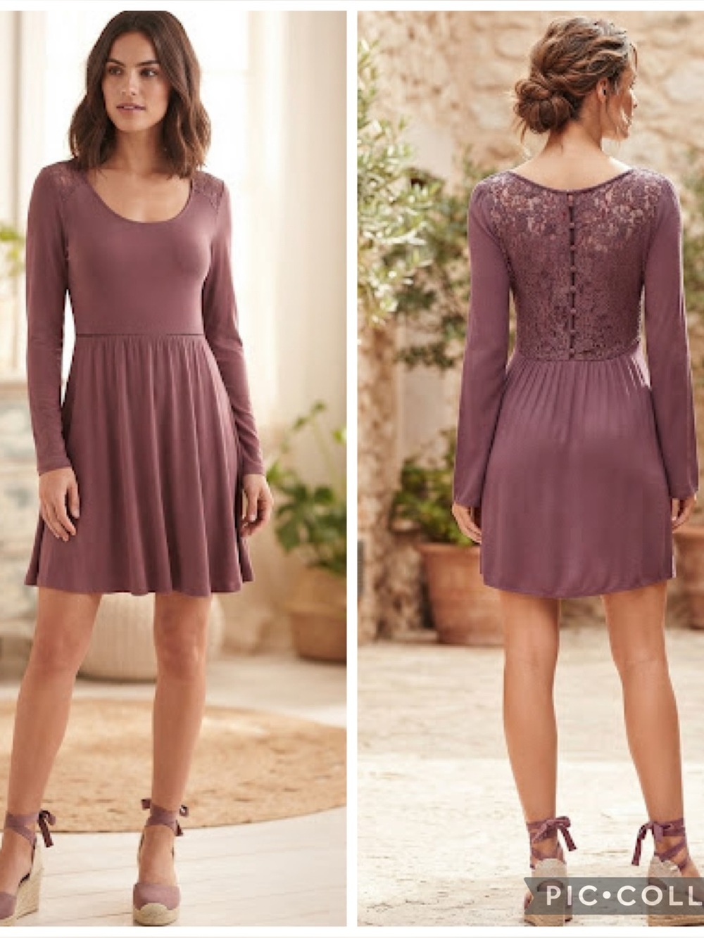 Andthewhy Lace Back Long Sleeve Babydoll Dress - Plum